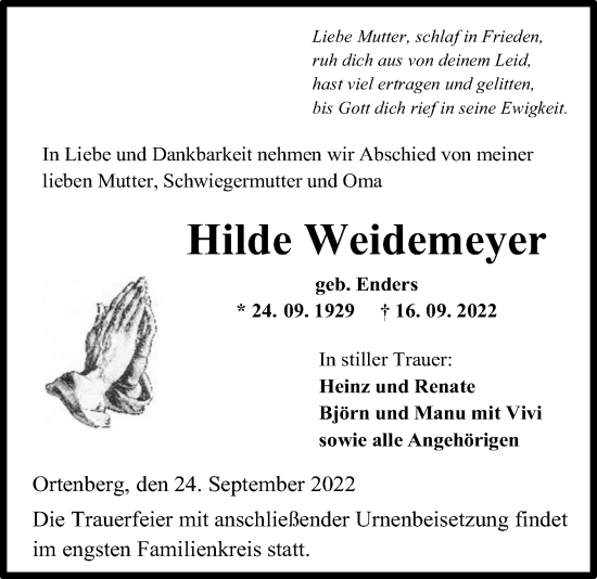 Traueranzeige von Hilde Weidemeyer von Kreis-Anzeiger