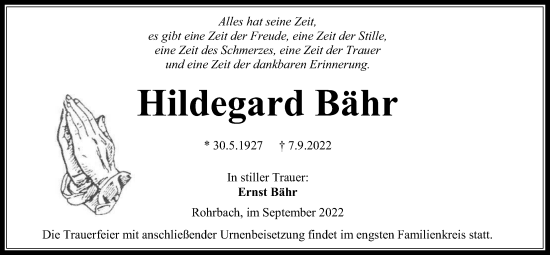 Traueranzeige von Hildegard Bähr von Kreis-Anzeiger
