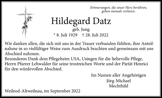 Traueranzeige von Hildegard Datz von Usinger Anzeiger