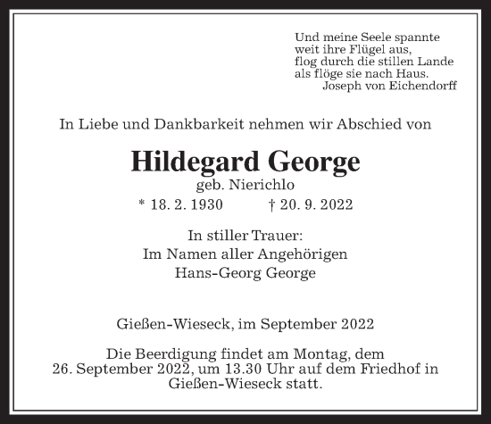 Traueranzeige von Hildegard George von Giessener Allgemeine, Alsfelder Allgemeine