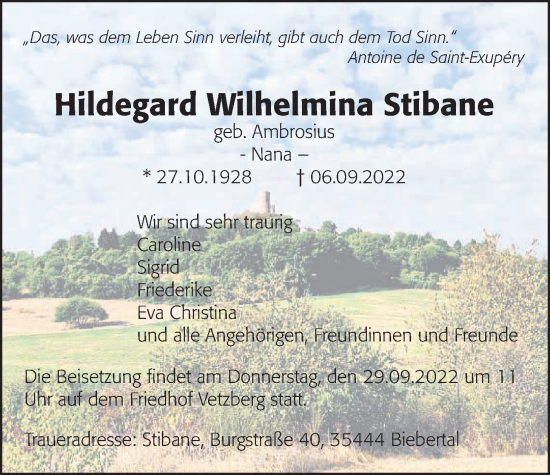 Traueranzeige von Hildegard Wilhemine Stibane von Giessener Allgemeine, Alsfelder Allgemeine, Giessener Anzeiger