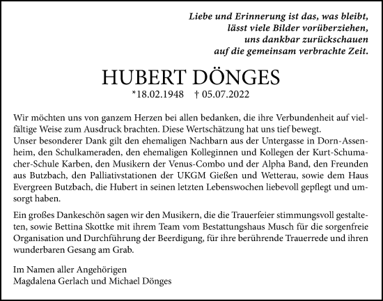 Traueranzeige von Hubert Dönges von Wetterauer Zeitung