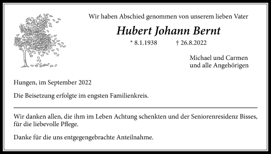 Traueranzeige von Hubert Johann Bernt von Licher Wochenblatt