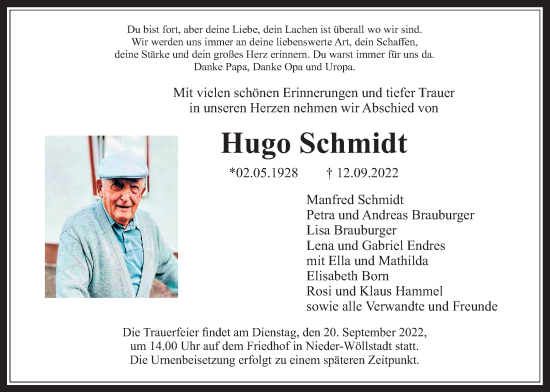 Traueranzeige von Hugo Schmidt von Wetterauer Zeitung