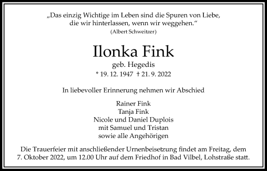 Traueranzeige von Ilonka Fink von Bad Vilbel/Karben