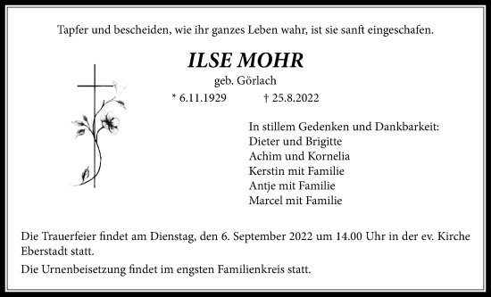 Traueranzeige von Ilse Mohr von Licher Wochenblatt