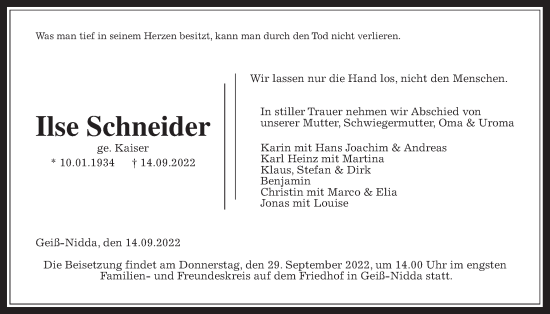 Traueranzeige von Ilse Schneider von Kreis-Anzeiger