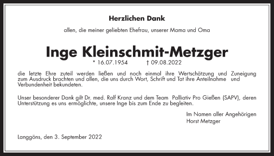Traueranzeige von Inge Kleinschmit-Metzger von Giessener Allgemeine, Alsfelder Allgemeine, Giessener Anzeiger
