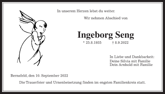 Traueranzeige von Ingeborg Seng von Alsfelder Allgemeine