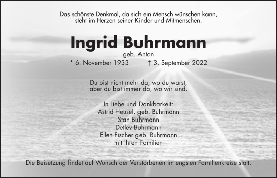 Traueranzeige von Ingrid Buhrmann von Wetterauer Zeitung