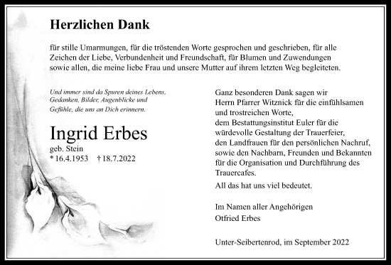 Traueranzeige von Ingrid Erbes von Alsfelder Allgemeine