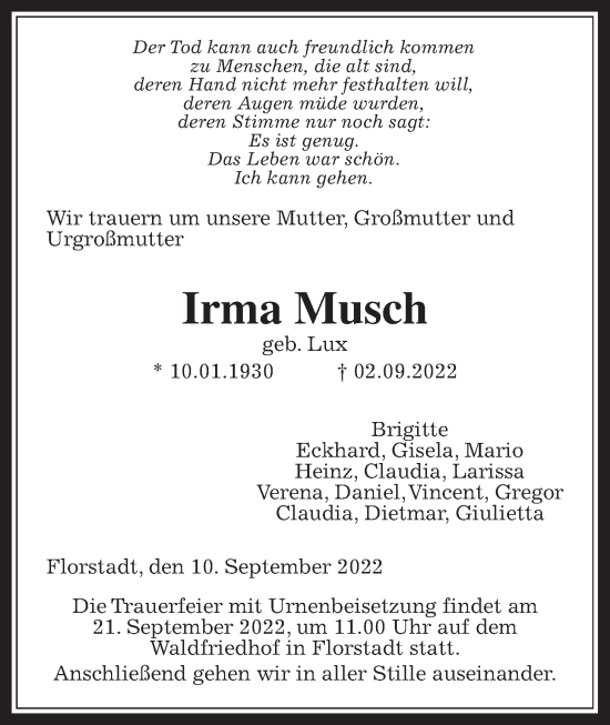 Traueranzeige von Irma Musch von Wetterauer Zeitung