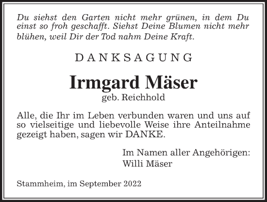 Traueranzeige von Irmgard Mäser von Kreis-Anzeiger
