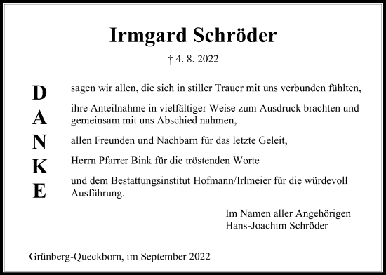 Traueranzeige von Irmgard Schröder von Giessener Allgemeine, Alsfelder Allgemeine