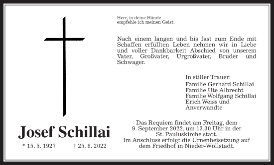 Traueranzeige von Josef Schillai von Wetterauer Zeitung