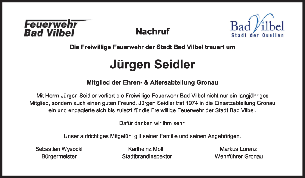  Traueranzeige für Jürgen Seidler vom 29.09.2022 aus Bad Vilbel/Karben