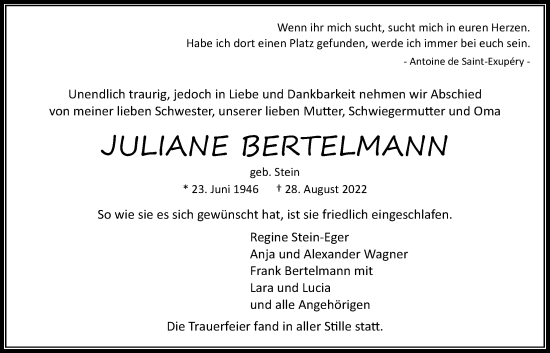 Traueranzeige von Juliane Bertelmann von Wetterauer Zeitung