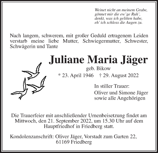 Traueranzeige von Juliane Maria Jäger von Wetterauer Zeitung