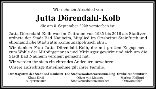Traueranzeige von Jutta Dörendahl-Kolb von Wetterauer Zeitung