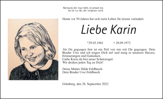 Traueranzeige von Karin Feldbusch von Giessener Allgemeine, Alsfelder Allgemeine