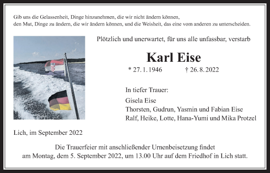 Traueranzeige von Karl Eise von Giessener Allgemeine, Alsfelder Allgemeine