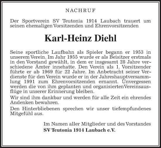 Traueranzeige von Karl-Heinz Diehl von Laubacher Anzeiger
