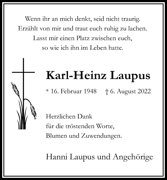 Traueranzeige von Karl-Heinz Laupus von Bad Vilbel/Karben