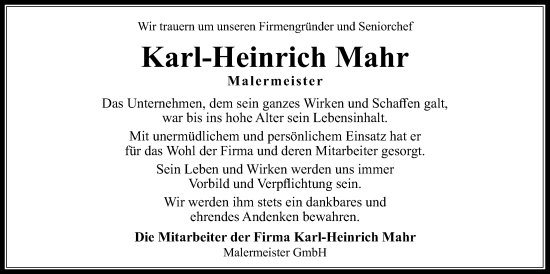 Traueranzeige von Karl-Heinz Mahr von Kreis-Anzeiger