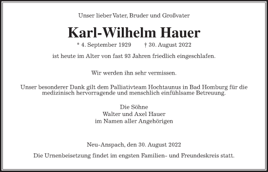 Traueranzeige von Karl-Wilhelm Hauer von Usinger Anzeiger