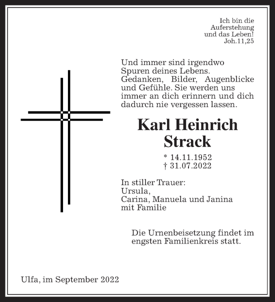 Traueranzeige von Karl Heinrich Strack von Wetterauer Zeitung