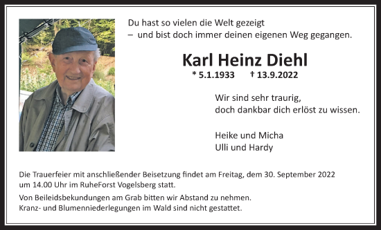 Traueranzeige von Karl Heinz Diehl von Giessener Allgemeine, Alsfelder Allgemeine, Laubacher Anzeiger