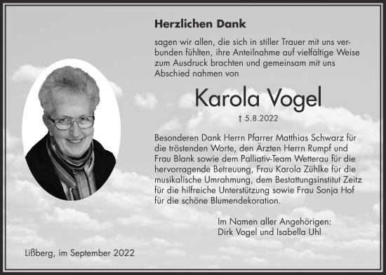 Traueranzeige von Karola Vogel von Kreis-Anzeiger