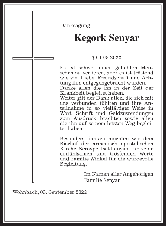 Traueranzeige von Kegork Senyar von Wetterauer Zeitung