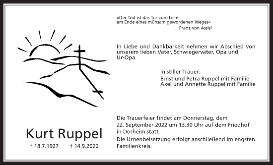 Traueranzeige von Kurt Ruppel von Wetterauer Zeitung