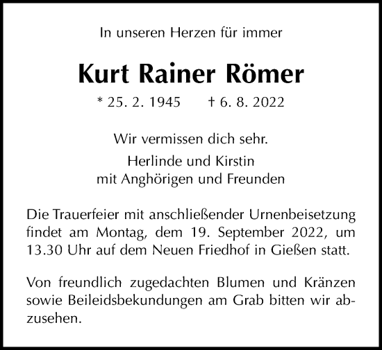 Traueranzeige von Kurt Rainer Römer von Giessener Allgemeine, Alsfelder Allgemeine