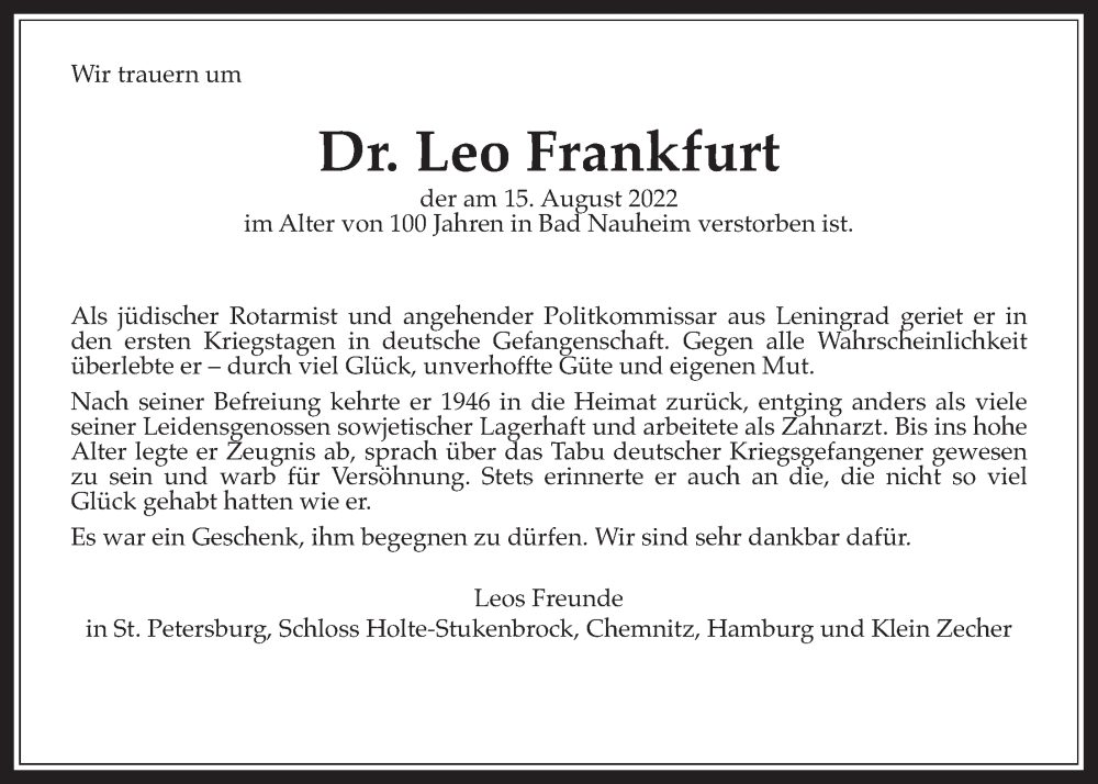  Traueranzeige für Leo Frankfurt vom 10.09.2022 aus Wetterauer Zeitung