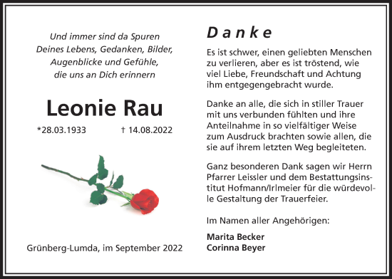 Traueranzeige von Leonie Rau von Giessener Anzeiger, Giessener Allgemeine, Alsfelder Allgemeine