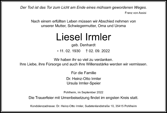 Traueranzeige von Liesel Irmler von Giessener Anzeiger, Giessener Allgemeine, Alsfelder Allgemeine, Pohlheimer Nachrichten