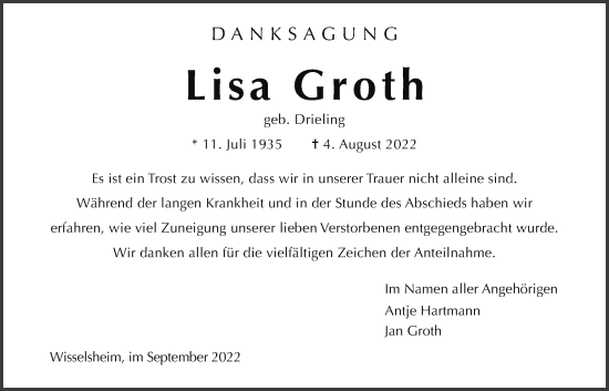Traueranzeige von Lisa Groth von Wetterauer Zeitung