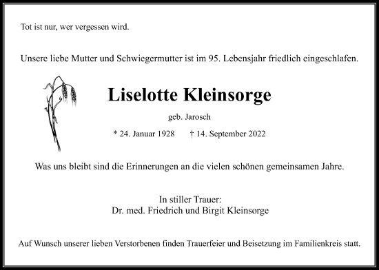 Traueranzeige von Liselotte Kleinsorge von Wetterauer Zeitung