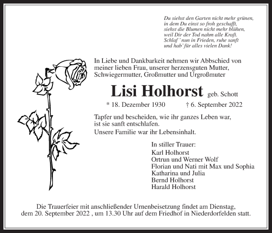 Traueranzeige von Lisi Holhorst von Bad Vilbel/Karben