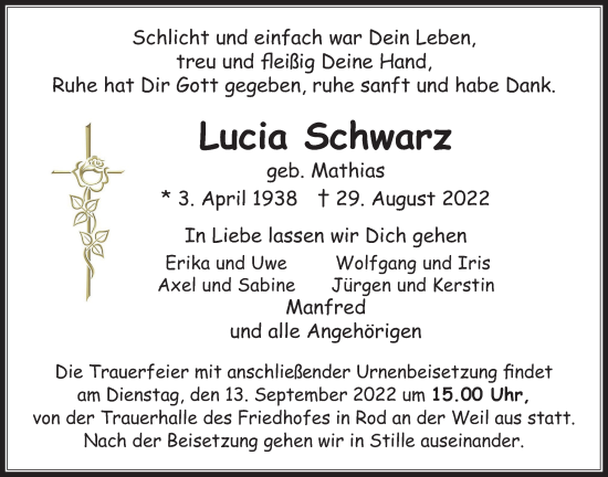 Traueranzeige von Lucia Schwarz 