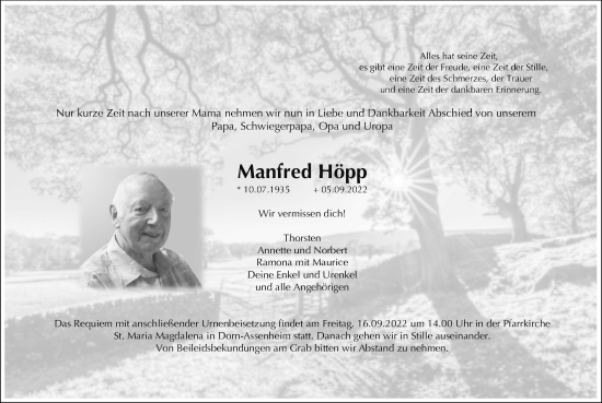 Traueranzeige von Manfred Höpp von Wetterauer Zeitung