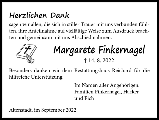 Traueranzeige von Margarete Finkernagel von Kreis-Anzeiger