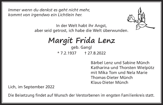 Traueranzeige von Margit Frida Lenz von Licher Wochenblatt