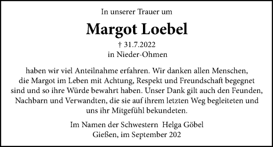 Traueranzeige von Margot Loebel von Giessener Allgemeine, Alsfelder Allgemeine