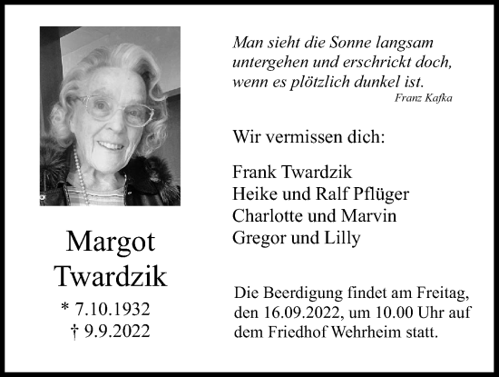 Traueranzeige von Margot Twardzik von Usinger Anzeiger