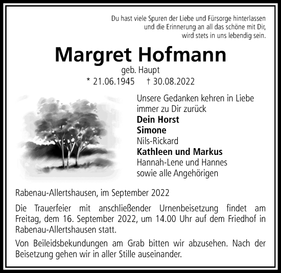 Traueranzeige von Margret Hofmann von Rabenauer Zeitung