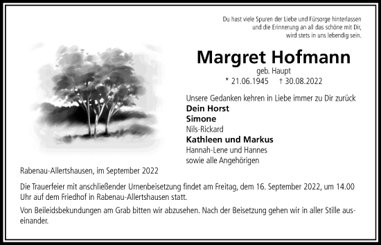 Traueranzeige von Margret Hofmann von Giessener Anzeiger