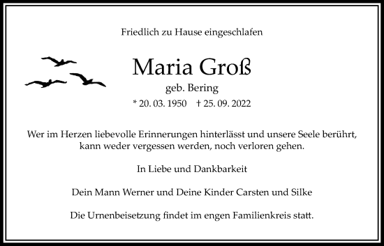 Traueranzeige von Maria Groß von Bad Vilbel/Karben